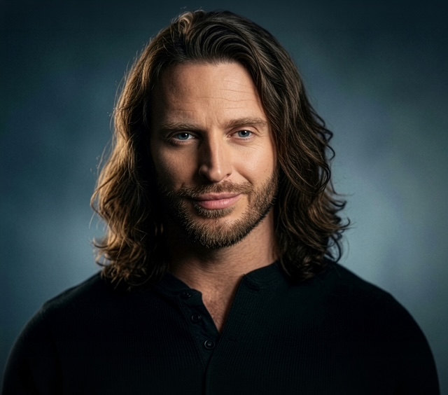 Headshot of actor Russell Snipes: long brown hair, beard, blue eyes, dark shirt on a dark backdrop